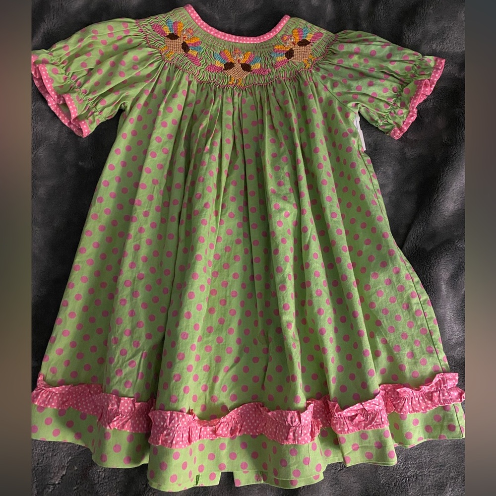 Surcie Smocked Turkey Thanksgiving Polka Dot Dress sz 18m
